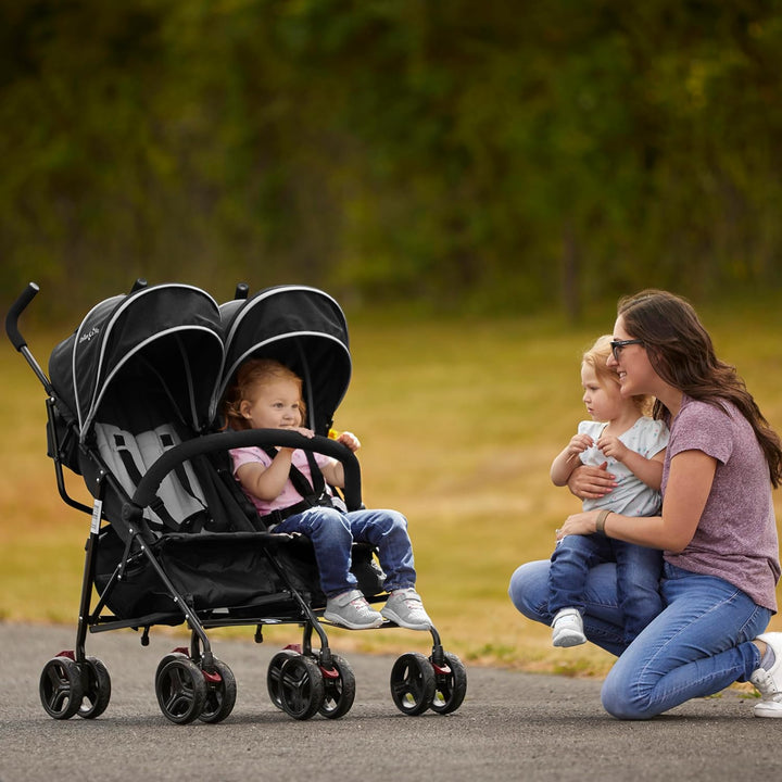 Volgo Twin Umbrella Stroller in Black, Lightweight Double Stroller for Infant & Toddler, Compact Easy Fold, Large Storage Basket, Large and Adjustable Canopy