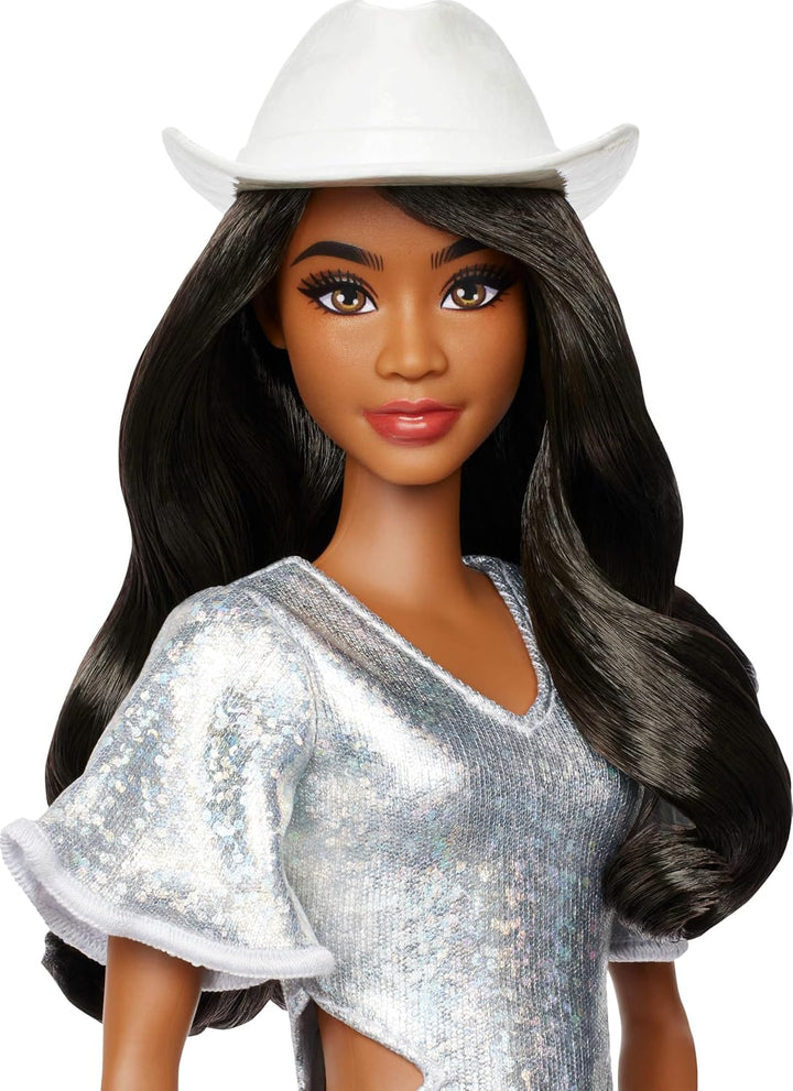Fashionistas Doll #239 with Black Hair Wearing Sparkly Silver Fringe Dress with Western Accessories like White Cowboy Hat and Boots
