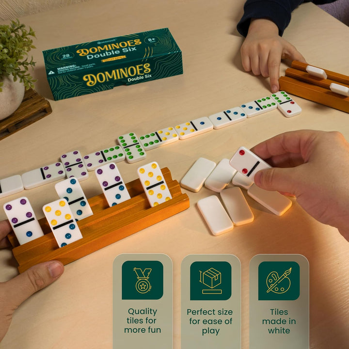 Dominos Set for Adults with Colored Dots - Double 6 Dominoes Set Is a Classic Board Games for Kids and Adults - Double Six Standard Dominos Set 28 Tiles