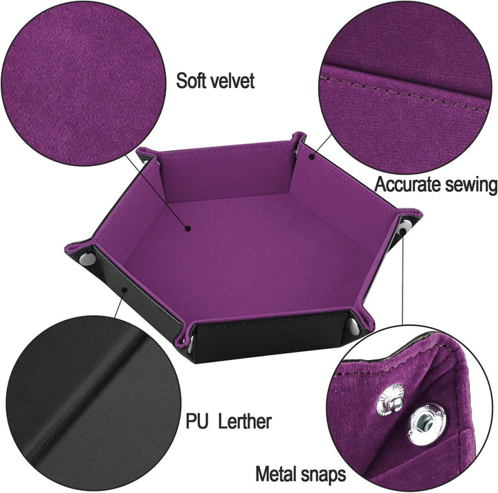 Double Sided Dice Tray, Folding Hexagon PU Leather and Velvet Dice Holder for Dungeons and Dragons RPG Dice Gaming D&D and Other Table Games, Dark Violet