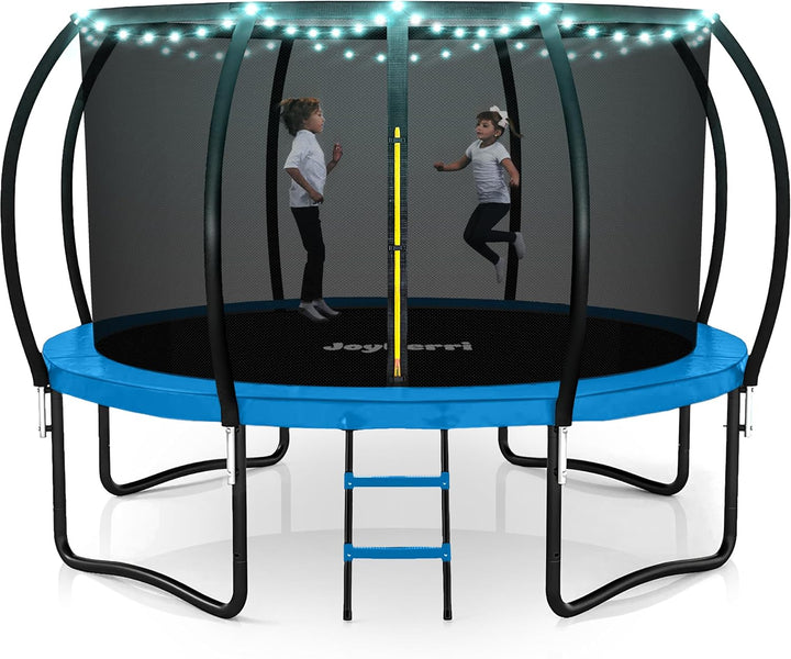 Trampoline Outdoor - ASTM Certified Safe, 8Ft, 10Ft, 12Ft, 14Ft, 15Ft, 16Ft Recreational Trampoline for Kids and Adults. Anti-Rust Coating with Enclosure Net, Ladder, Sprinkler & LED Lights