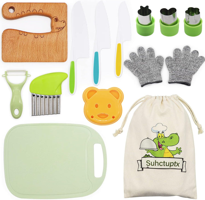 14 Pieces Wooden Kids Kitchen Knife Set with Gloves Cutting Board Fruit Vegetable Crinkle Cutters Serrated Edges Plastic Toddler Knifes for Real Cooking Kid Safe Knives - Crocodile