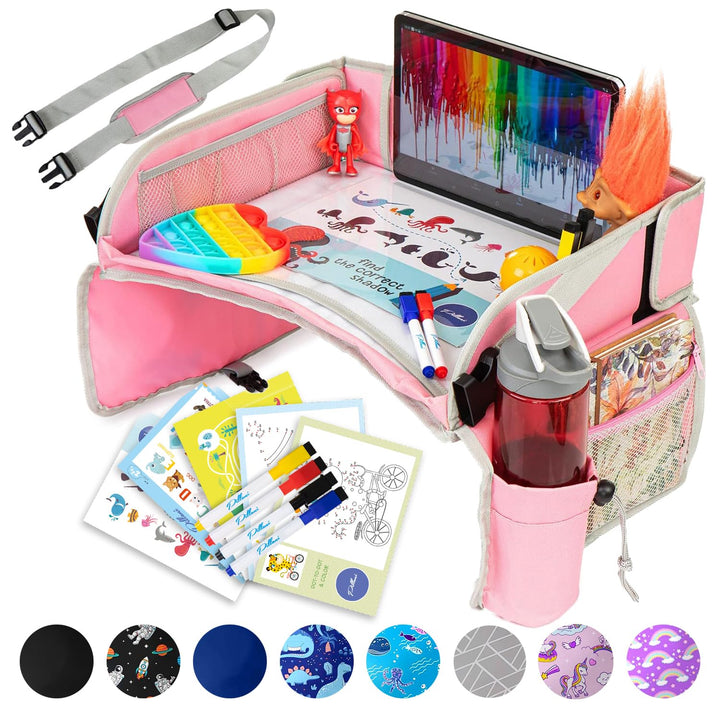 Kids Travel Tray for Car - Car Seat Tray for Kids Travel, Road Trip Essentials - Carseat Table for Roadtrip Activities - Must Have Toddler Lap Desk Organizer for Airplane - Car Accessories
