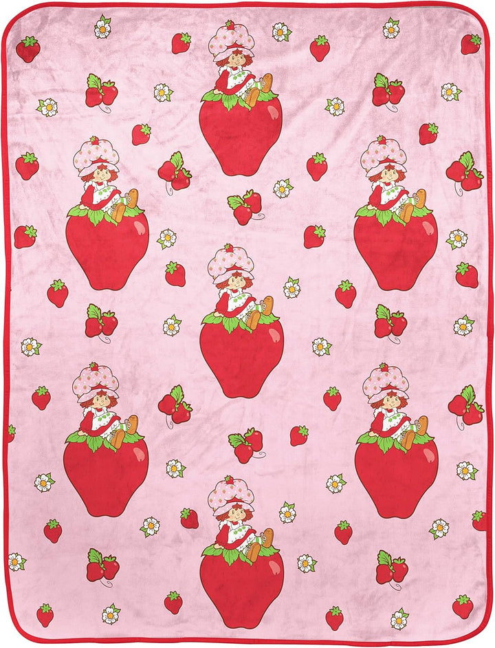 Pink Strawberries Galore Nogginz Set - 40 X 50 Inch Blanket & Pillow, Kids Super Soft 2 Piece Set