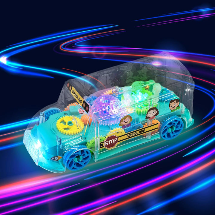Light up School Bus Toy for Toddlers - Bump and Go School Toy Bus with Colorful Spinning Gears, LED Lights, and Music - Autism Sensory Toys for Boys Ages 4 5 6 7 8