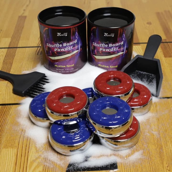 Shuffleboard Pucks and Sand Set - 2 1/8" Table Pucks with 2 Cans Wax, Mini Brush and Dustpan
