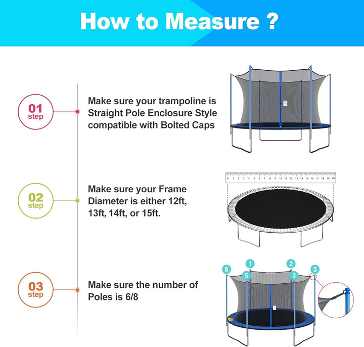 Trampoline Netting Replacement for 6 Straight Poles 12Ft 13Ft 14Ft 15Ft round Frame Trampolines, Safety Enclosure Net Breathable Weather & UV Resistant with Adjustable Straps, NET ONLY