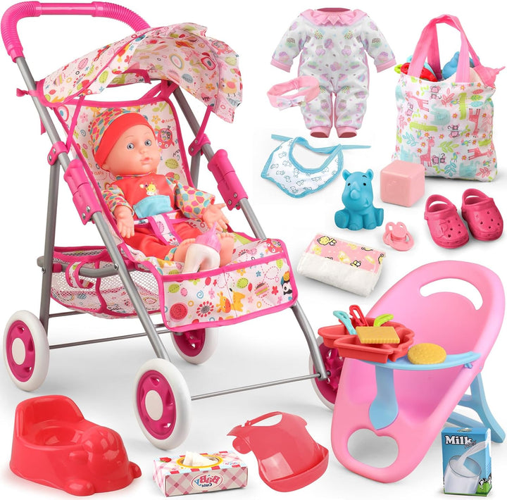 Baby Doll Stroller Set Toys for Girls Toddlers 3-5 4-6 Gifts,Baby Doll Set with 12.5 Inch Doll,1 Baby Dining Chair,20 PCS Baby Doll Accessories and 2 Sets Doll Clothes for Realistic Pretend Play