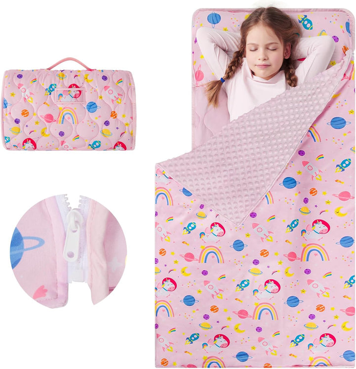 Toddler Nap Mat Extra Large 55‘’*29‘’ for 2-7 Years, Cotton Daycare Nap Mats with Removable Minky Blanket and Pillow, Boys Sleeping Mat Nap Mat for Preschool Kindergarten, Sleeping Bag Blue Dinosaur