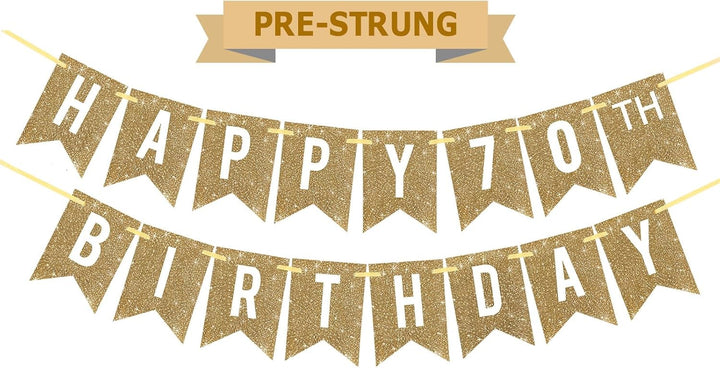 Pre-Strung Gold Happy Birthday Banner Decorations,12 Ft No DIY Gold Glitter Birthday Party Banner Sign Decor for Women Men Girl Boy Party Supplies