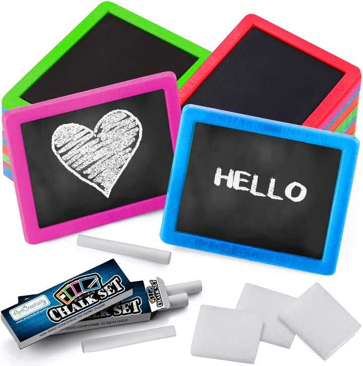 Neon Chalkboard Set for Kids - 12 Kits - 1 Mini Chalk Board, 2 Chalk Sticks, and 1 Eraser per Kit - Art Birthday Party Favors for Boys and Girls, Unique Stationery Goodie Bag Fillers