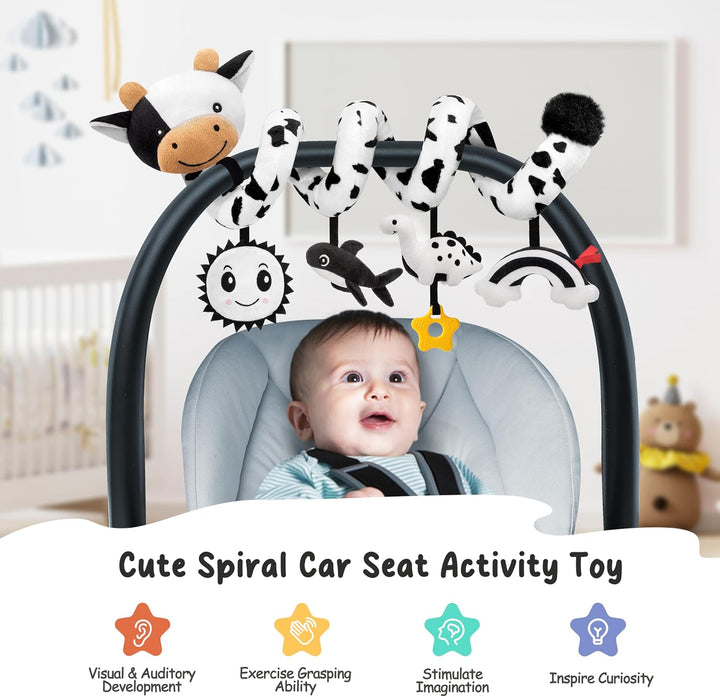 Spiral Car Seat Baby Toys 0-6 Months, Infant Carseat High Contrast Sensory Toys Hanging Stroller Accessories, Newborn Gifts for Baby Boys Girls Essentials, Cute Black and White Cow