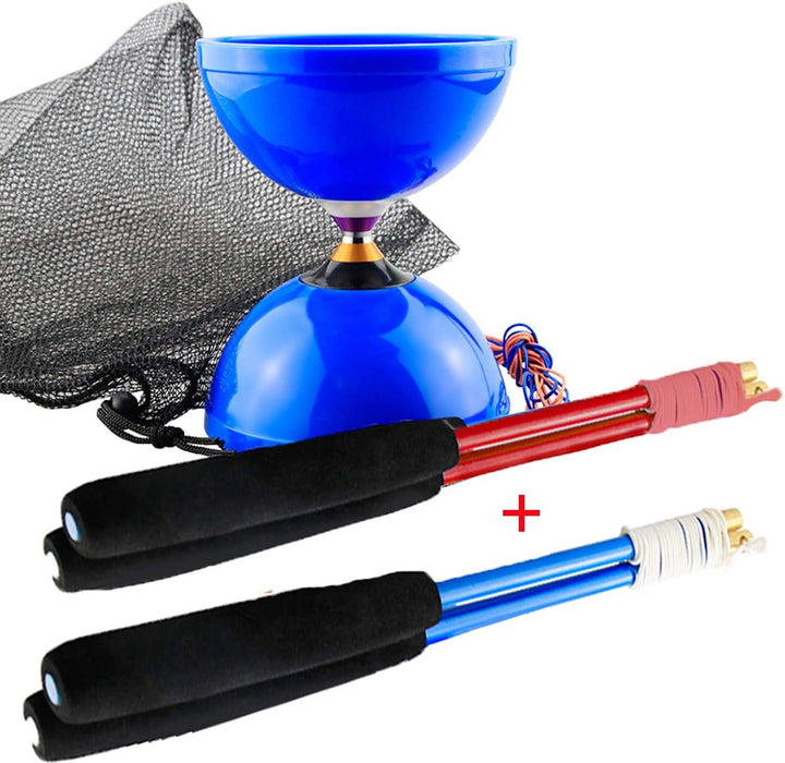 Pro Triple Bearing Diabolo Medium Size 5” Blue Chinese Yoyo Toy with 2 Pair Carbon Sticks+ 2 Extra Strings +1 Net Bag, High Performance Chinese Yoyo Diabolo Skill Toy