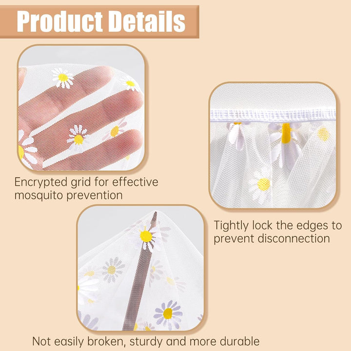 Mosquito Net for Baby Pram, Daisy Print Stroller Netting Cover - Perfect Bug Net for Strollers, Bassinets, Mini Crib, Cradles and Playards (White Daisy)