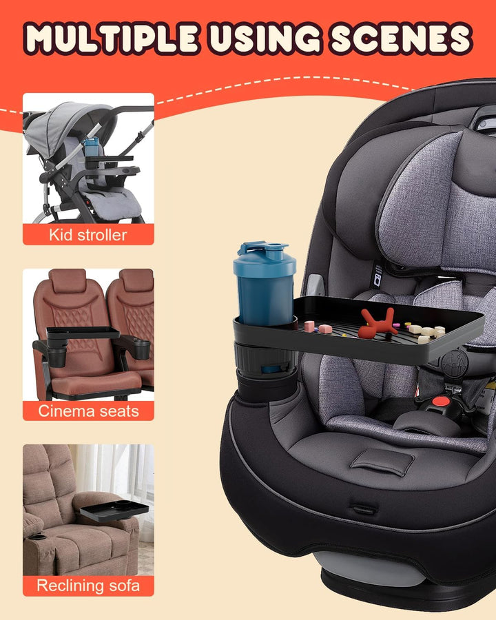 Car Seat Tray for Kids Toddler Travel with Soft Rubber Base, Rotatable and Removable Cup Holder Snack Tray for Food Color and Play for Family Road Trip Essentials (1, Standard Base)