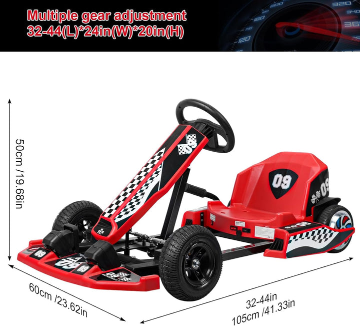 Electric Go Kart 36V, 32"-44" Adjustable Seat Length Drifting Kart for Growing Kids, 350W Motor Ride-On Toy for Ages 8-12, for Riders up to 187 Lbs Red