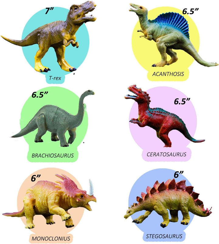 Dinosaur Toys, Plastic Dinosaur Figure Set, Ideal Education Toys for Kids and Toddler, Including T-Rex, Stegosaurus, Monoclonius, 6 to 7 Inch Large Size, 6 Pack