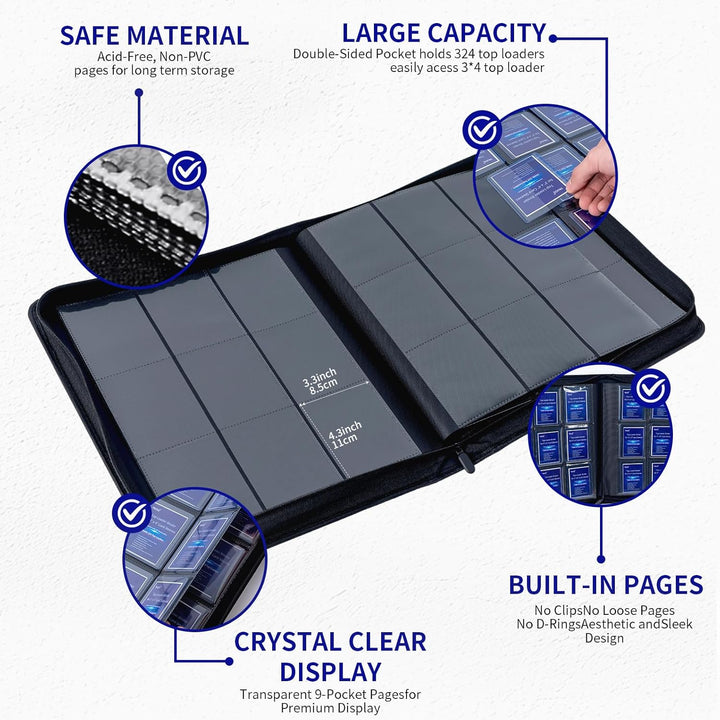 Toploader Binder Holds 324 Toploaders | 20 Toploaders |Waterproof PU Leather + Anti-Yellowing PP Inserts | Ridge Tab Sorting Portable Top Loader Binder for Cards (For Sports/Game Cards)