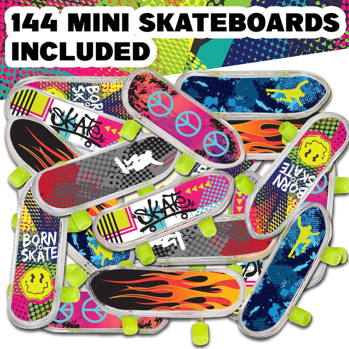 Mini Finger Skateboards for Kids (Bulk Pack of 144) Durable Finger Boards in Assorted Designs, 2 Inch Fingerboard Skateboard Party Favors, Goody Bag Fillers