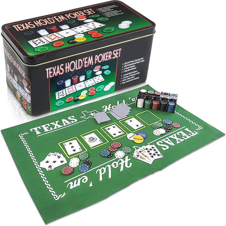 Texas Holdem Poker Game Set - Includes Hold’Em Mat, 2 Card Decks, Chips, Chip Holder and Tin Storage Box - Fun Game Night Supplies - Cool Casino Gift for Kids & Adults