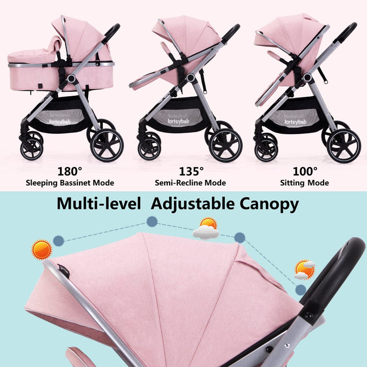 2-In-1 Baby Stroller with Bassinet Mode - Folding Infant Newborn Pram Stroller with Reversible Seat - Toddler Strollers for 0-36 Months Old Babies (Pink)