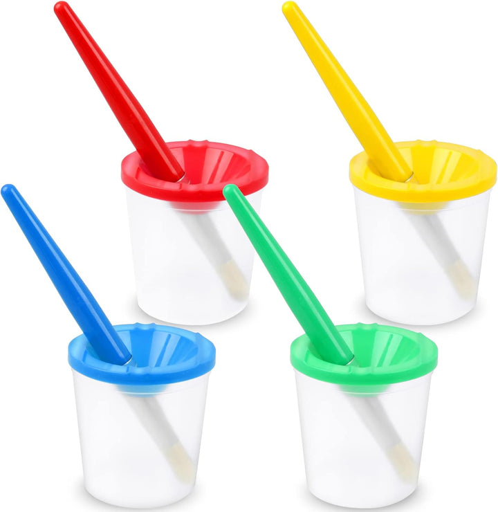 4 Pcs Kids No Spill Paint Cups and 4 round Paint Brushes 4 Colors Spill Proof Paint Cups for Children’ Art Class and Home.