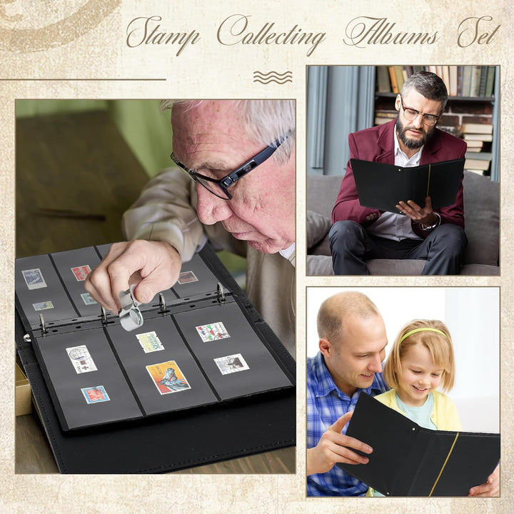 Stamp Collecting Albums Set Stamp Collection Book Include 20 Pages Album Binder Tweezer and Loop Magnifier Collecting Supplies for Collectors(Black,1/2/3/4 Rows)
