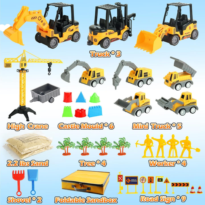 Sand Construction Site Kit - 37 Pcs Play Sand Art Kit with 8 Construction Trucks, Folding Sandbox, 2.2 Lbs Magic Sand, Crane, Worker, Road Signs, Molds, Shovel - Ideal Toys for Boys Girls Age 3+