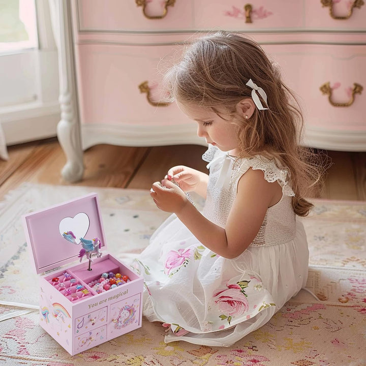 Wooden Jewelry Box with Unicorn for Girls, Musical Children'S Jewelry Organizer, Gift for Toddler Age 2 3 4 5 6 7 8 9 on Birthday -Pink