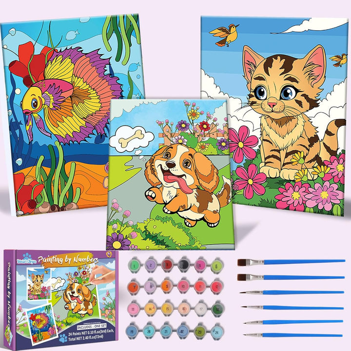 Paint-By-Numbers Kit - 3 Pack Framed Canvas, 24X3Ml Acrylic Paints, 6 Brushes, Predrawn Canvas, Art Set for Teens & Kids