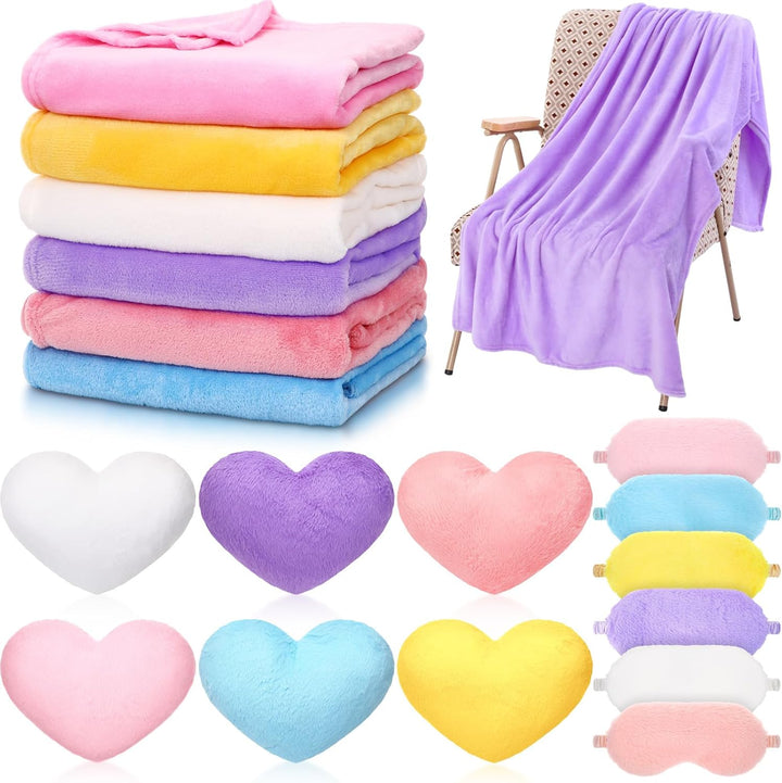 18 Pcs Kids Sleepover Party Supplies Set for Girls Fleece Soft Blankets Fluffy Heart Throw Pillow Plush Sleep Eye Mask for Spa Camping Birthday Favors(Light Pink)