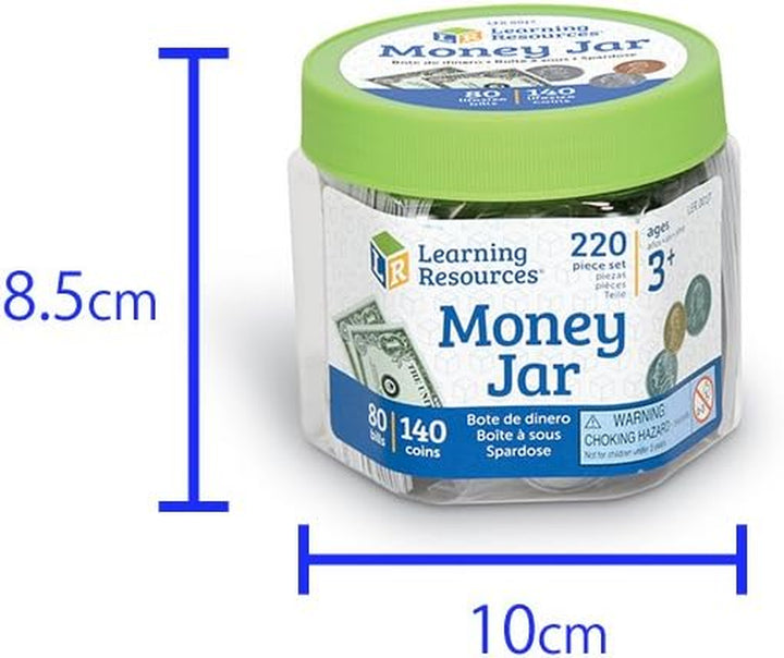 Money Jar - Play Money for Kids, Fake Bills and Coins, Pretend Play Props, Homeschool and Classroom Math and Counting Supplies, Ages 3+