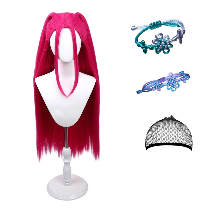 Anime Demon Hunters Costume Rumi Cosplay Wig Rumi Halloween Cosplay Wig Accessory Set (Rumi Purple + Bracelet + Hair Cap)