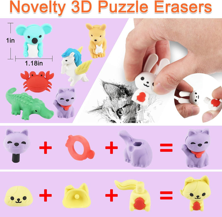 80Pcs Animal Erasers Kids Desk Pets Pencil Erasers 3D Puzzle Eraser Bulk Fun Cute Mini Animal Eraser Toys for Classroom Rewards, Game Prizes, Treasure Box, Easter Egg Fillers