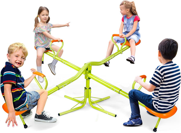 Kids Seesaw Swivel Teeter Totter Home Playground Equipment, 360 Degrees Rotating Safe, Outdoor Fun for Kids, Toddlers, Boys, Children (4 Seats)