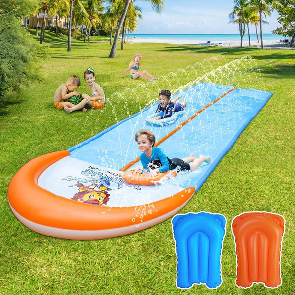 Slip Water and Slide, 22.5Ft Extra Long Lawn Water Slides for Kids Adults, Double Lanes Racing Backyard Summer Sprinkler and Splash Water Toy, XL Slip Waterslide with Inflatable Bodyboards Garden Toy
