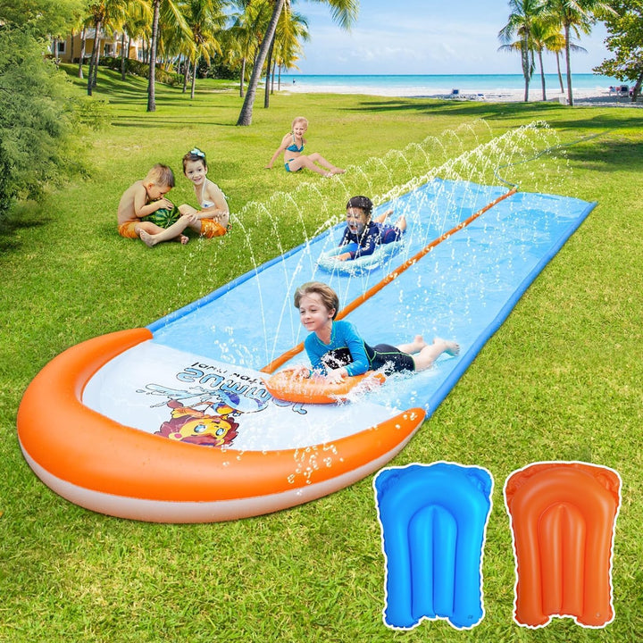 Slip Water and Slide, 22.5Ft Extra Long Lawn Water Slides for Kids Adults, Double Lanes Racing Backyard Summer Sprinkler and Splash Water Toy, XL Slip Waterslide with Inflatable Bodyboards Garden Toy