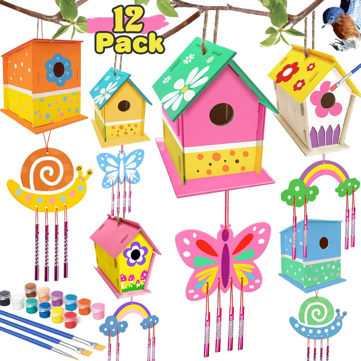 Crafts for Kids Ages 4-8 - 4 Pack DIY Bird House Wind Chime Kit - Build and Paint Birdhouses Wooden Arts Kits Easter Basket Stuffers Gifts for Girls Kids Boys Toddlers Ages 3-5 4-6 6-8 8-12
