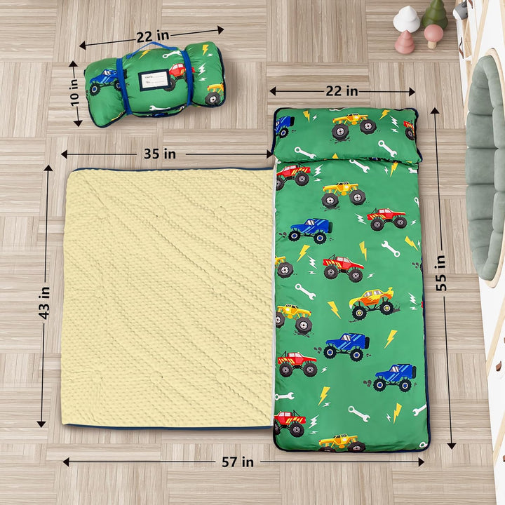 Toddler Nap Mat Extra Large Thickened 55''X35'', Soft Sleeping Bag with Detachable Minky Blanket and Pillow, Portable for Daycare, Preschool, Kindergarten, Travel, Boys and Girls