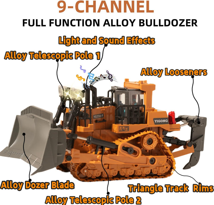 9-Channel Metal RC Bulldozer with Lights and Sound - Remote Control Heavy Equipment Construction Vehicles Dozer Toys for Adults Kids Boys Ages Year 3 4 5 6 7 8 9 10 11 12 13+