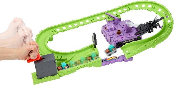 Toy Car Track Set, Racerverse Minecraft Playset & Die-Cast Diamond Armor Steve in Minecart Vehicle, Launch & Race to Defeat Ender Dragon