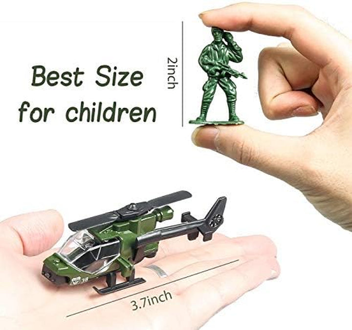 18 Pack Die-Cast Military Vehicles Sets,6 Pack Assorted Alloy Metal Models Car Toys and 12 Pack Soldier Army Men, Mini Army Toy Tank,Panzer,Anti-Air Vehicle,Helicopter Playset for Kids Boys
