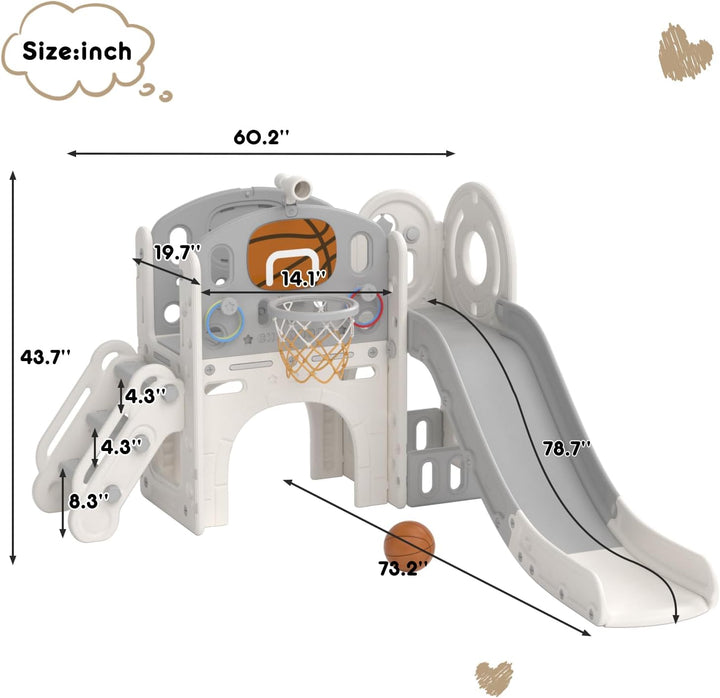 8 in 1 Toddler Slide Set, Kids Slide for Toddlers Age 1+, Toddler Climber Slide Playset with Basketball Hoop and Ball,Outdoor Indoor Playground for Toddlers 1-3 (Beige Grey, 8 in 1)
