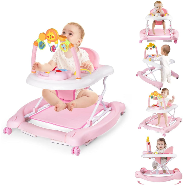 Baby Walker, 5-In-1 Baby Walkers for Boys and Girls 6-12 Months with Bouncer, Removable Footrest, Feeding Tray & Music, Foldable & Adjustable Activity Walker for 6-18 Months Toddler Infant