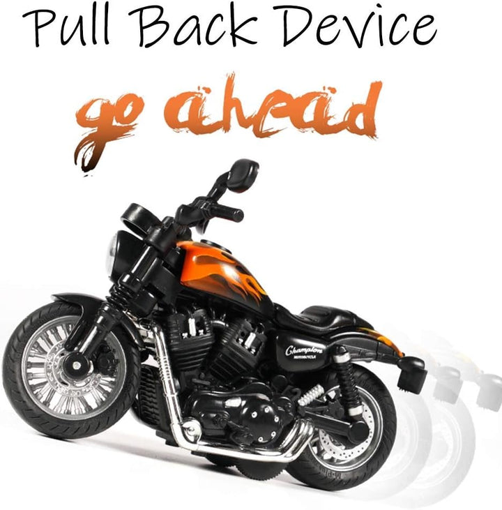 Pull Back Motorcycle Toys, Tiny Gift with Music Lighting, Retro Motorcycles Toy for Boys Kids Age 3-12 Year Old (Orange)