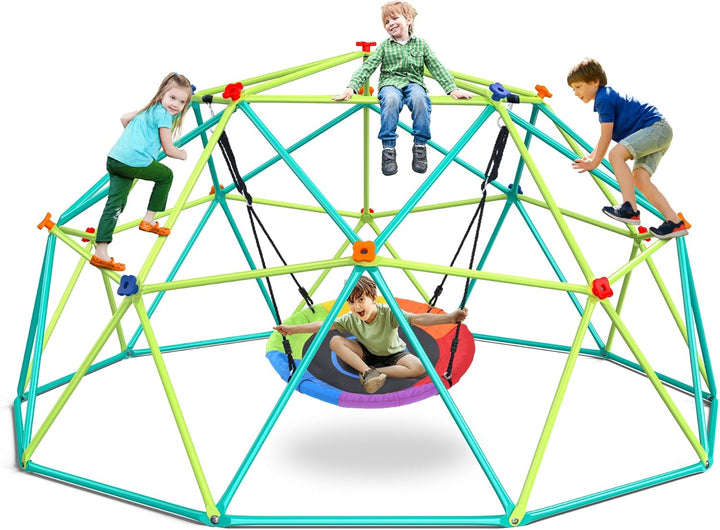 10 Ft Climbing Dome Swing Set with Saucer Swing, Jungle Gym for Kids Outdoor Backyard, Supports 800Lbs, Easy Asssembly, Rust-Resistant Outdoor Playset for Ages 3-8 8-12