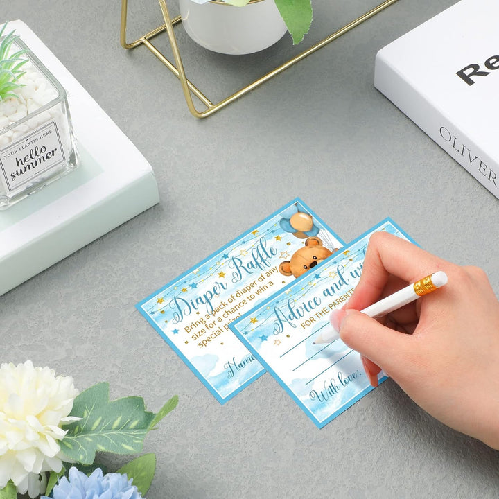 51 Pieces Bear Diaper Raffle Box with Tickets for Baby Shower Game Decoration Gender Reveal Party Blue Diaper Raffle Sign Bear Themed Insert Card Ticket Invitation Advice and Wishes