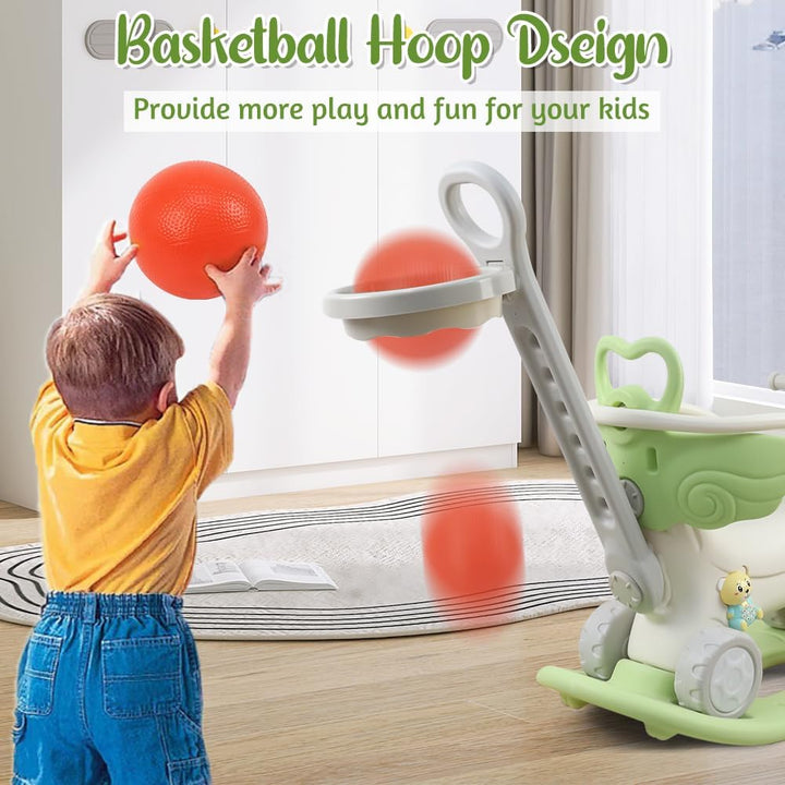 4 in 1 Rocking Horse Ages 1-3, Baby Rocking Toy Birthday Gift for Toddlers 1-3 Years Old, Balance Bike Ride on Toys with Push Handle, Backrest and Balance Board for Baby Girl and Boy, Green