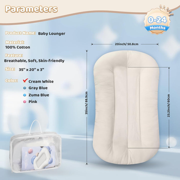 Baby Lounger - Baby Lounger for Newborn, 0-24 Months, Infant Lounger for Home and Travel, Soft Cotton, Baby Nest Lounger, Newborn Babies Essentials Gifts, White (Lounger Cover Included)