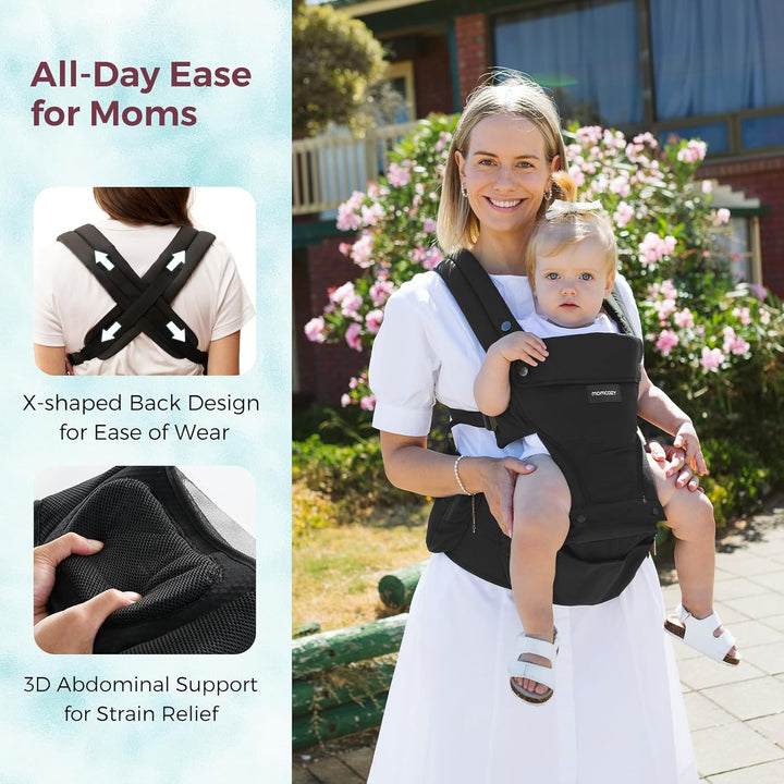 Baby Carrier with Hip Seat, 2-In-1 Forward-Facing Carry for Active Babies, Detachable Hands-Free Infant Carrier up to 44Lbs, All Seasons Toddler Carrier Fits Waist Sizes up to 45 Inches, Black